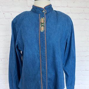 90's Roughrider Chambray/Denim Shirt with Embroidery and Suede - Size Medium
